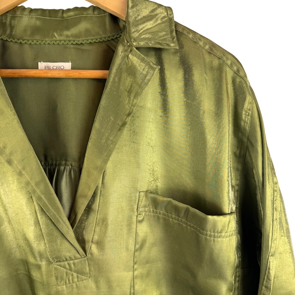 Pilcro Popover Blouse Womens Medium Olive Green Shimmer Satin V-Neck OB1786712